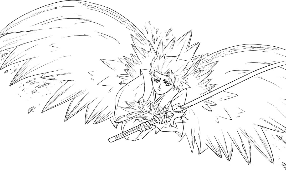 Раскраска Воин с мечом и огромными крыльями