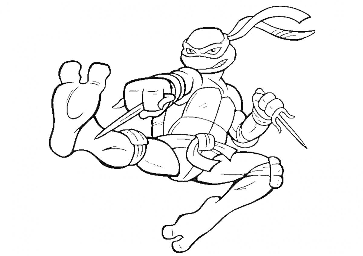 Раскраска Черепашка-ниндзя в маске с кинжалами в боевой позе