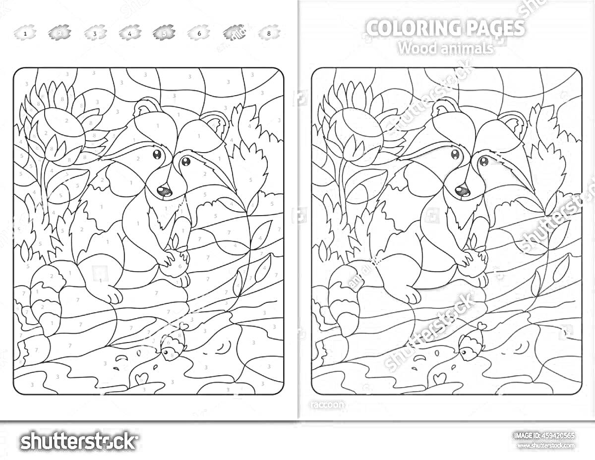 Раскраска Раскраска с енотом по номерам в лесу, сидящим на ветке с цветами и листьями на заднем плане