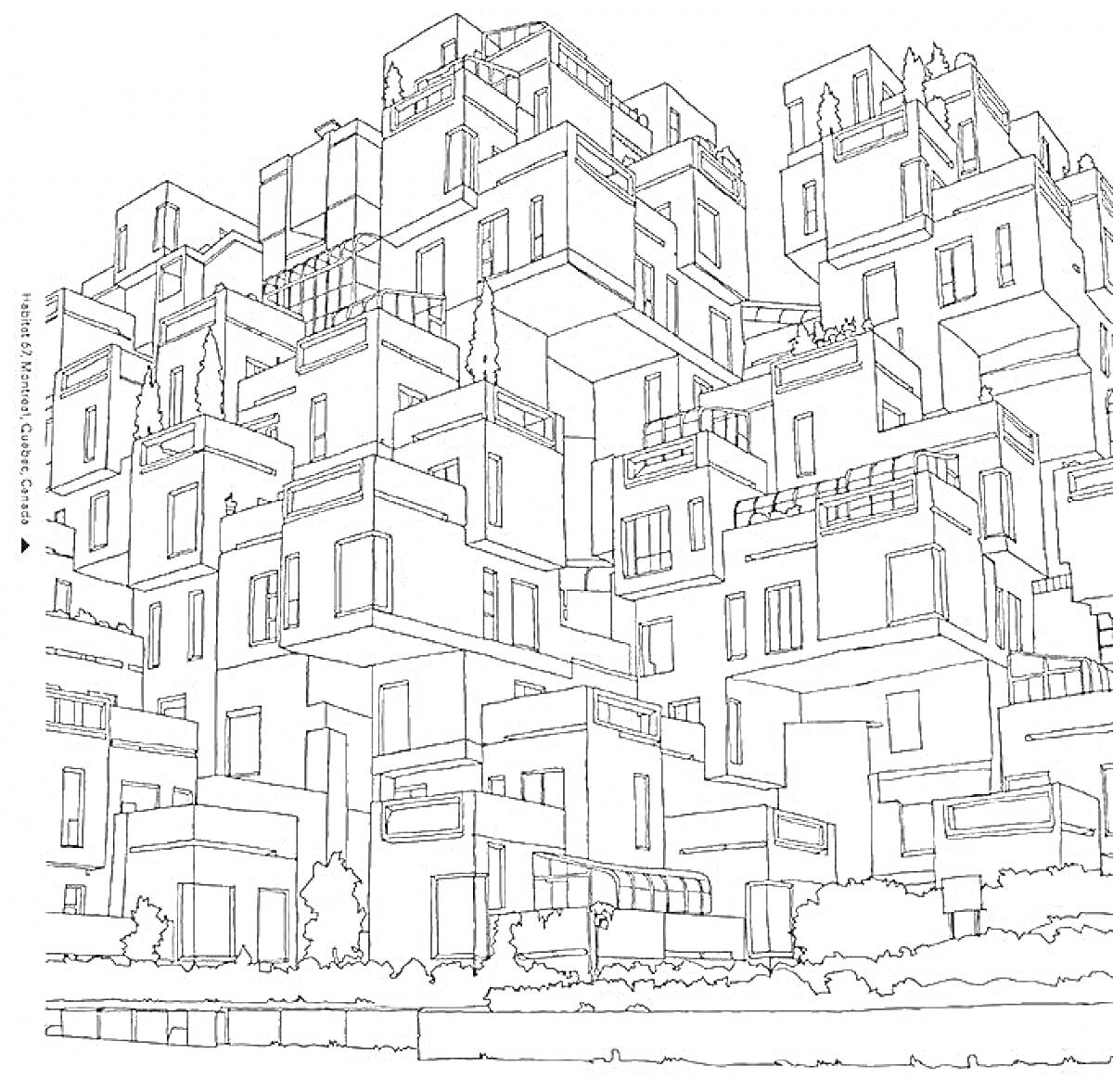 Раскраска Антистресс раскраска с изображением многоэтажных домиков с балконами и окнами, окруженных деревьями и кустарниками