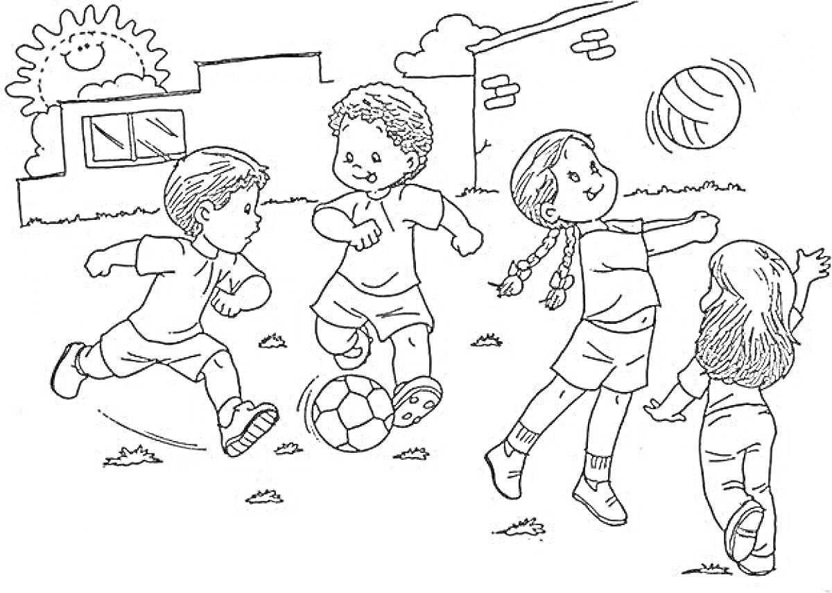 Раскраска Дети играют в футбол на травяной поляне рядом с домами при солнечной погоде