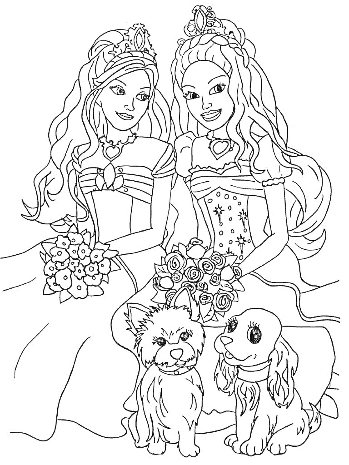 Раскраска Две принцессы Барби с цветами и собаками