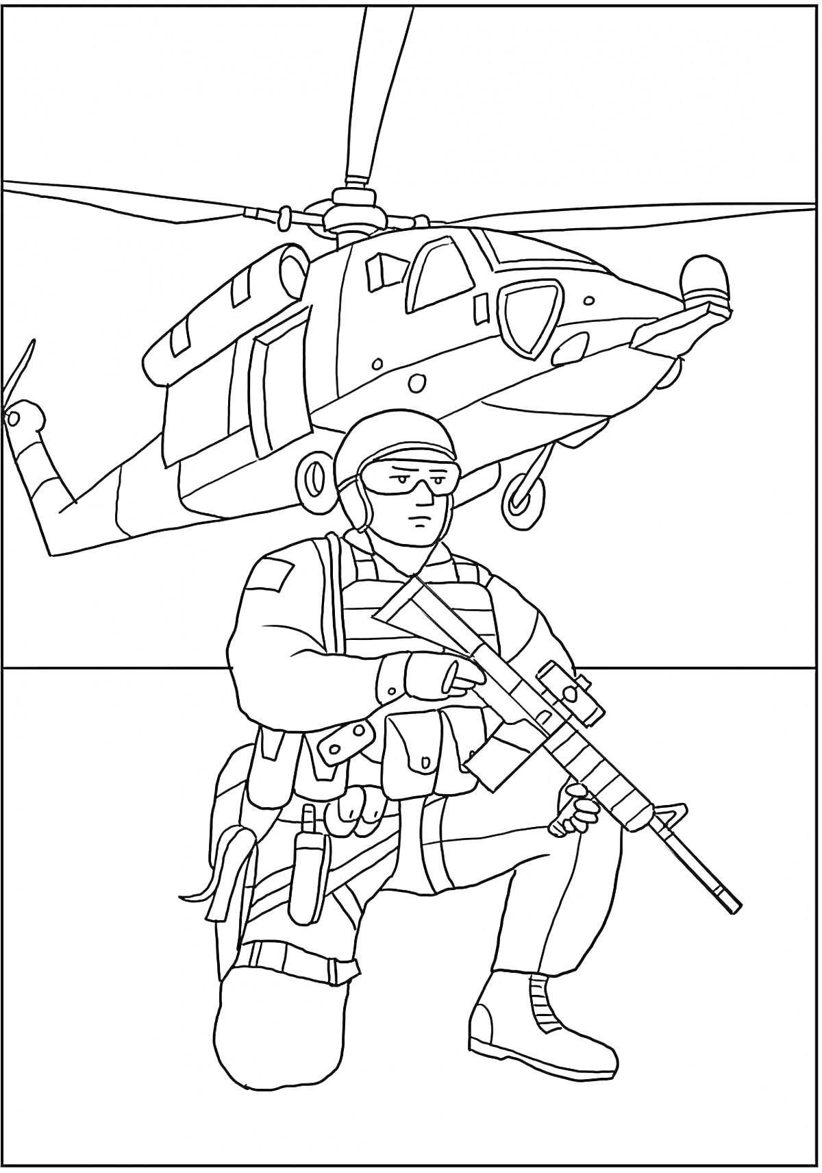 На раскраске изображено: Солдат, Оружие, Вертолет, Военная техника, Армия, Спецназ, Военная форма, Боевой вертолёт, Оборона, Спецоперация