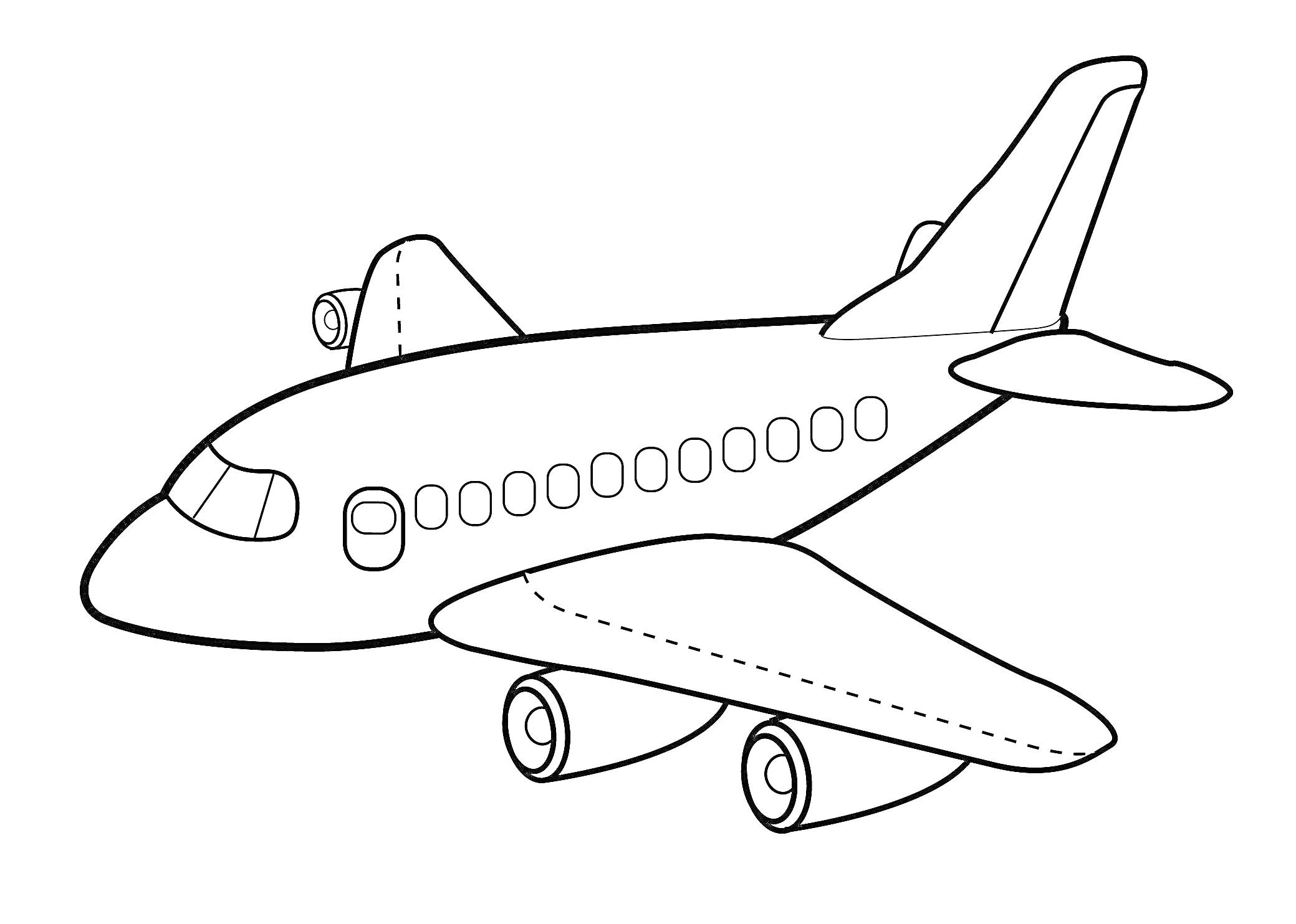 Самолет с иллюминаторами, двумя двигателями под крыльями и двойным хвостовым оперением