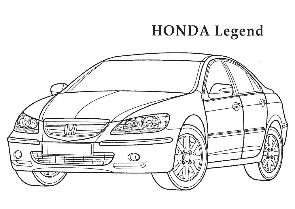 Honda Legend - автомобиль с фарами, решёткой радиатора, боковыми зеркалами, дверными ручками и колесами