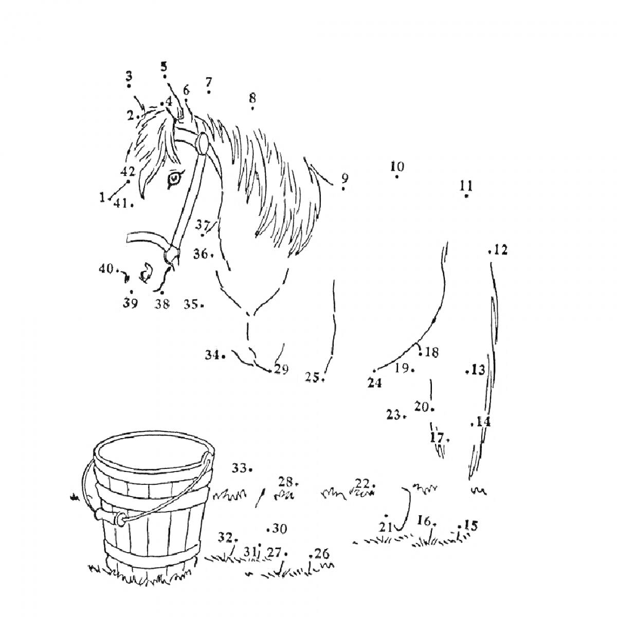 Раскраска Раскраска по цифрам с изображением лошади и ведра