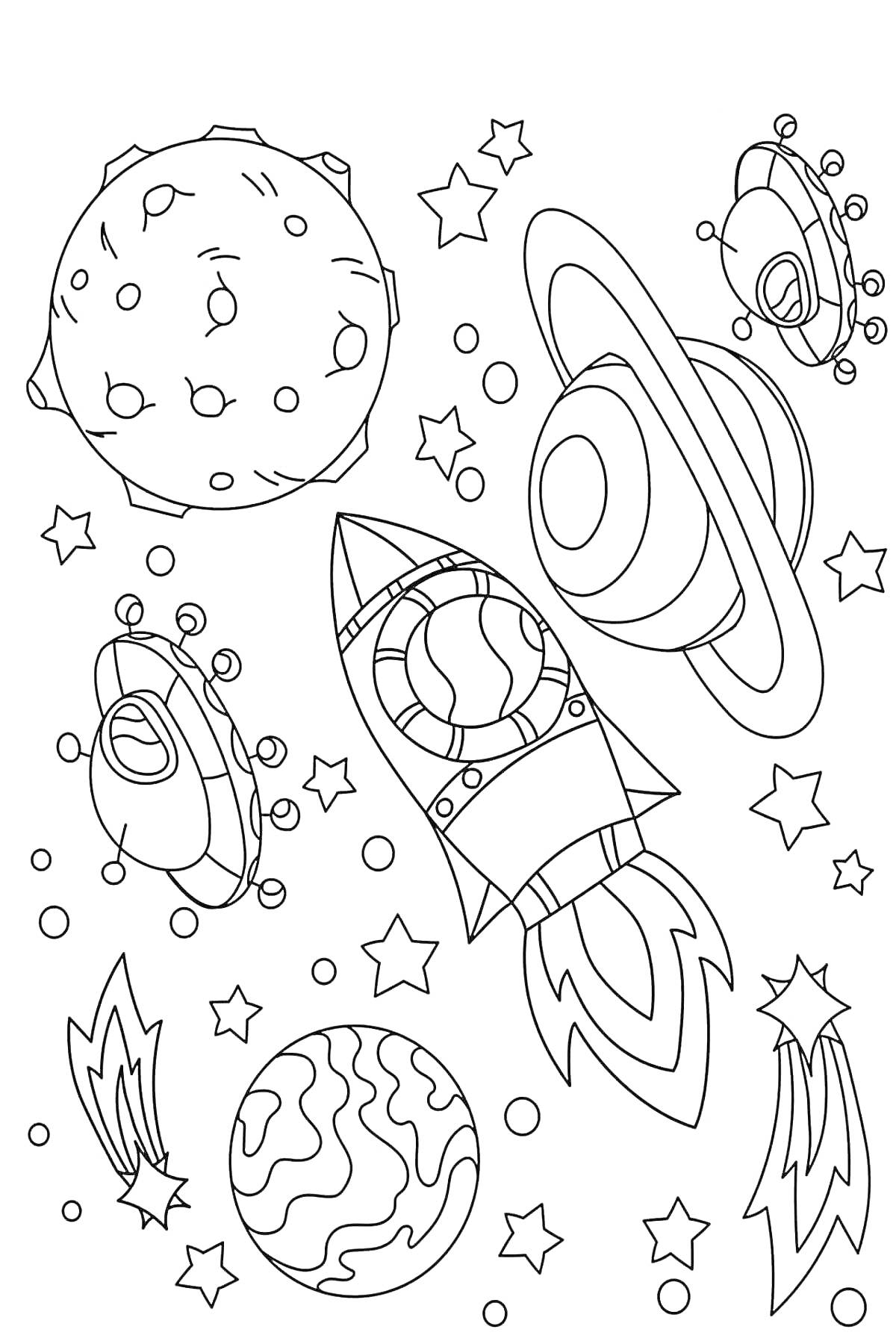 На раскраске изображено: Космос, Ракета, Планеты, Астероиды, Спутники, Метеоры, Звезды, По номерам, Пространство