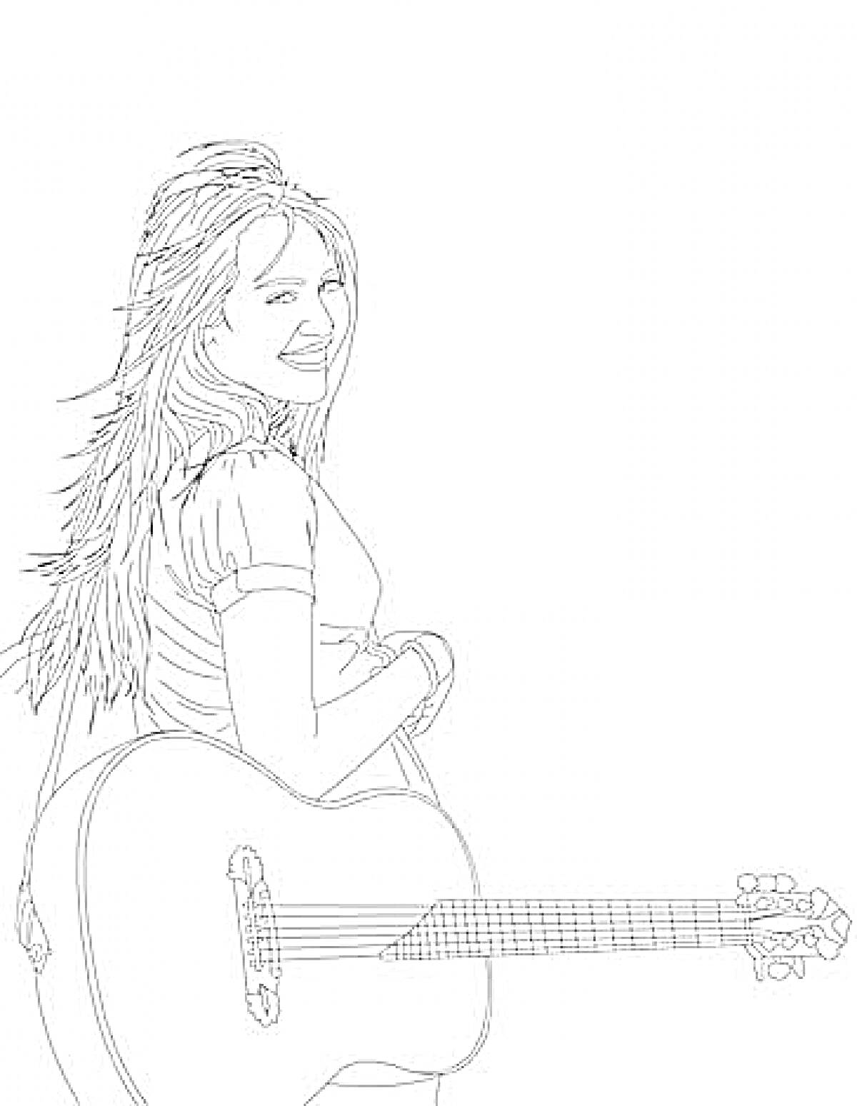 Девушка с гитарой в стиле Ханна Монтана, с длинными распущенными волосами, в футболке с коротким рукавом, улыбается и смотрит через плечо