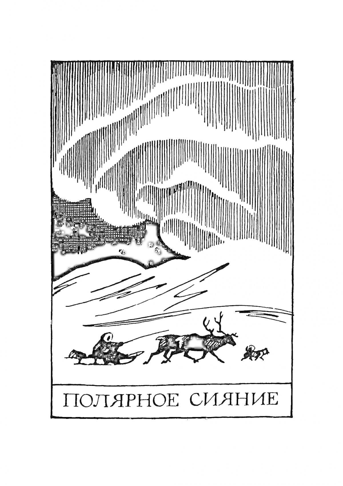 Раскраска Полярное сияние с каюром на санях, запряжённых оленем, собакой и северным сиянием на небе