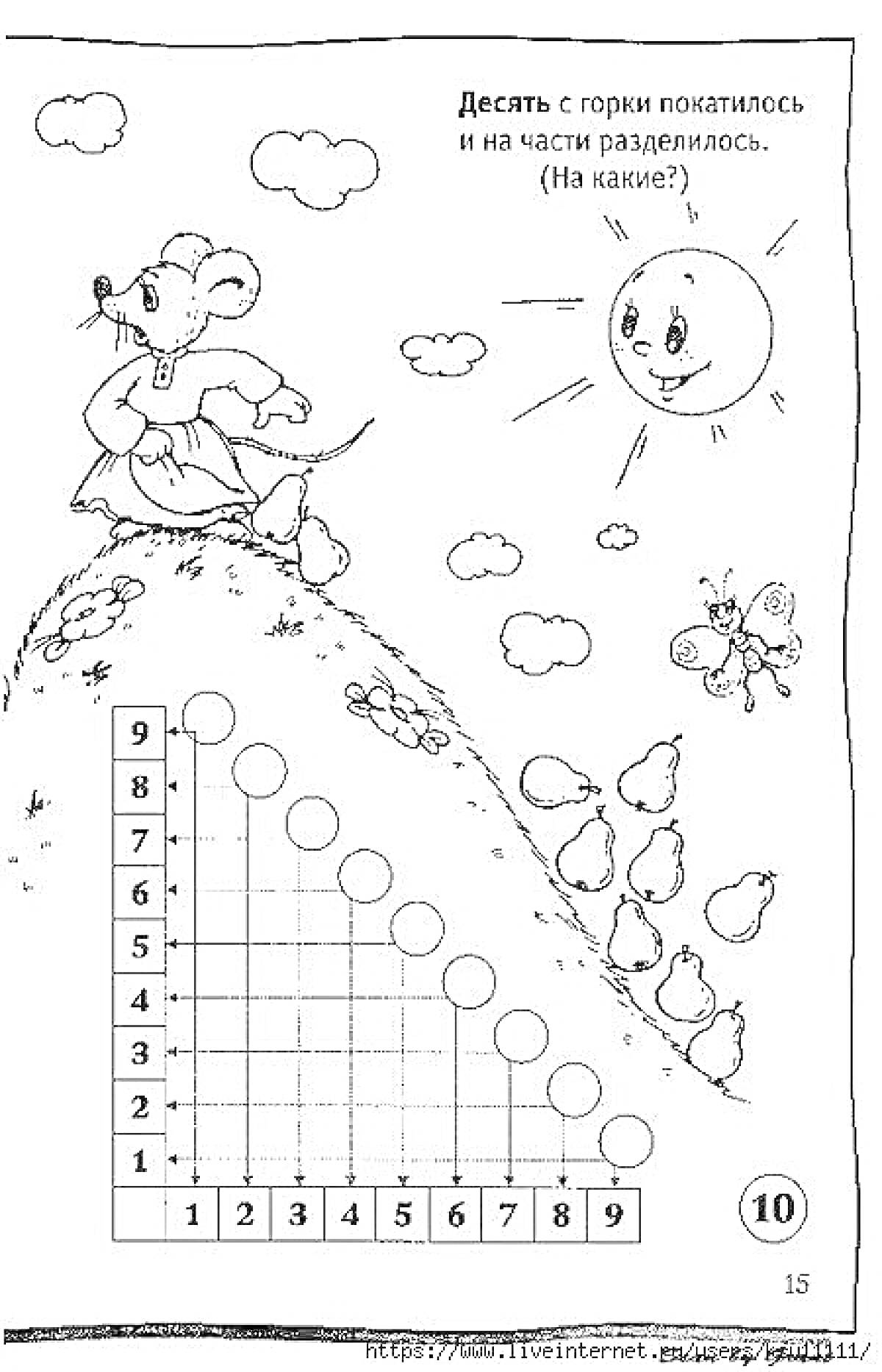 Раскраска Мышь, солнце, облака, горка, груши, график, состав числа 10