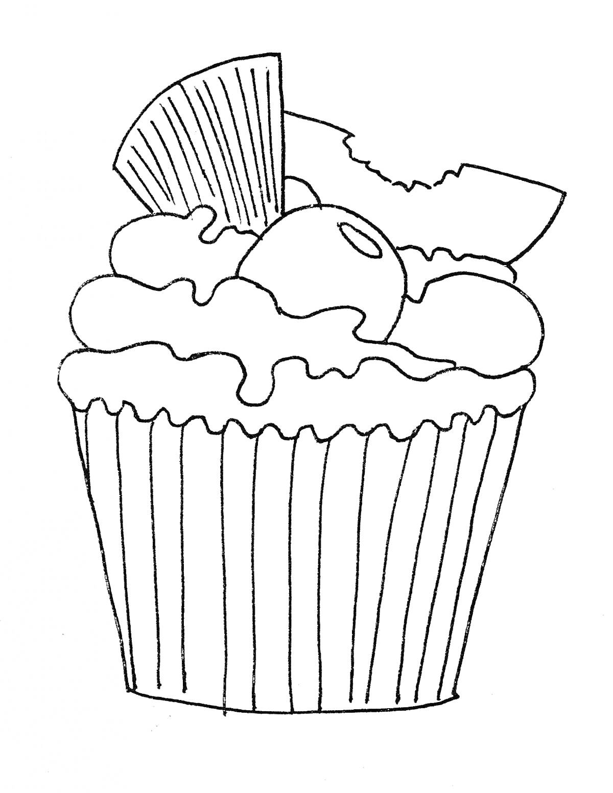 Раскраска кекс с глазурью, шариком и кусочком печенья