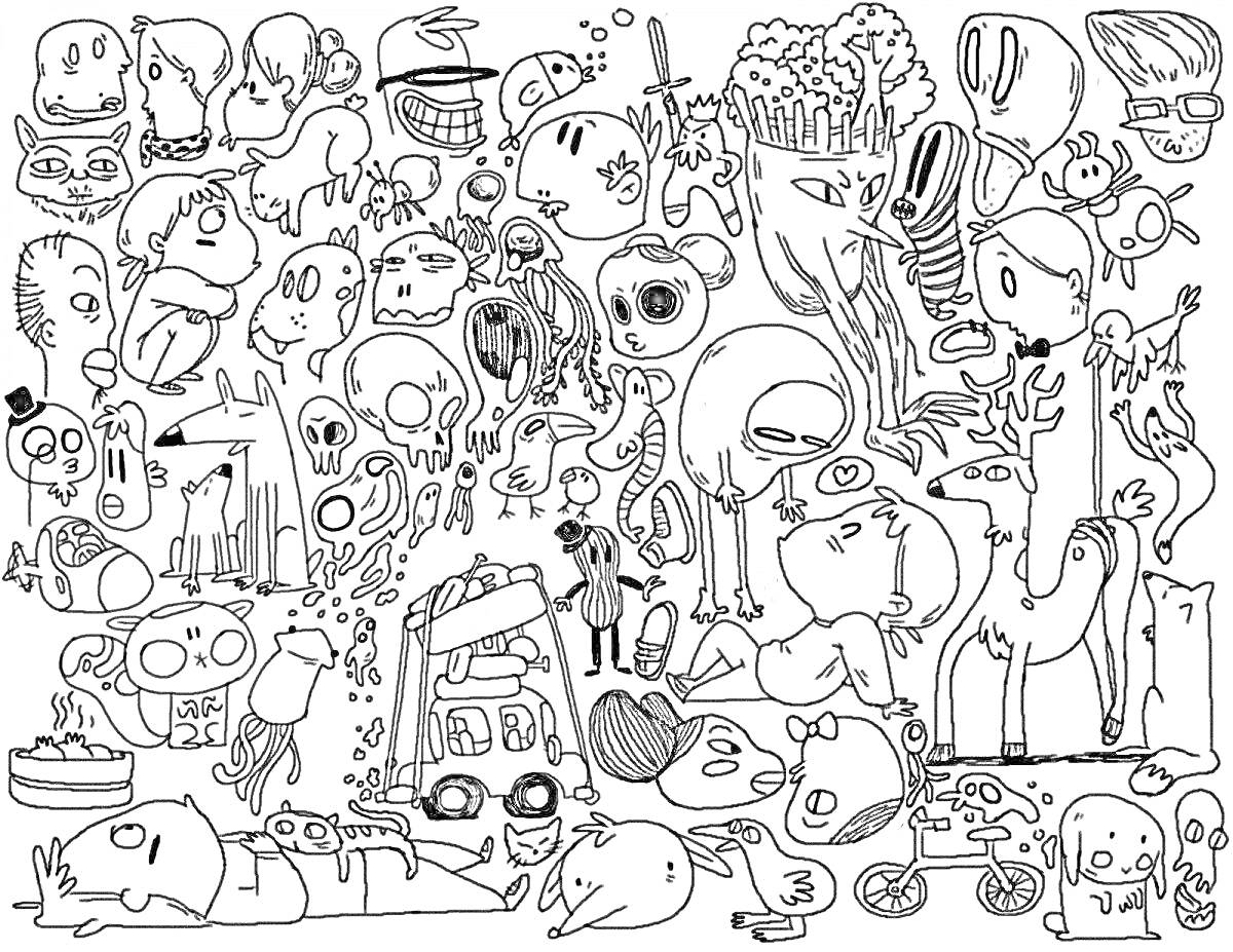 Раскраска Разнообразные дудлы с очками, птичками, змеями, очеловеченными животными, скелетами, инопланетянами, и другими персонажами