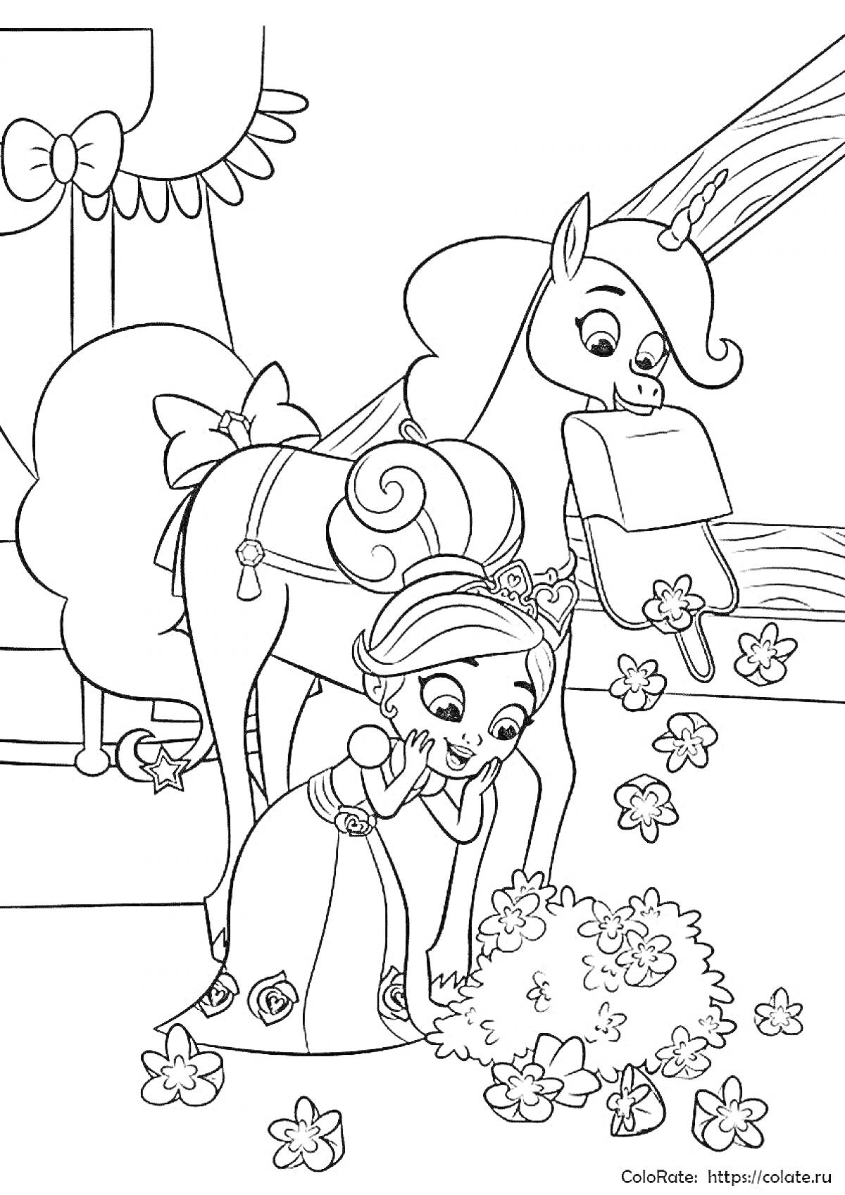 На раскраске изображено: Принцесса, Лошадь, Замок, Цветы, Корона, Дружба, Из сказок, Фантазия, Для детей, Рыцари