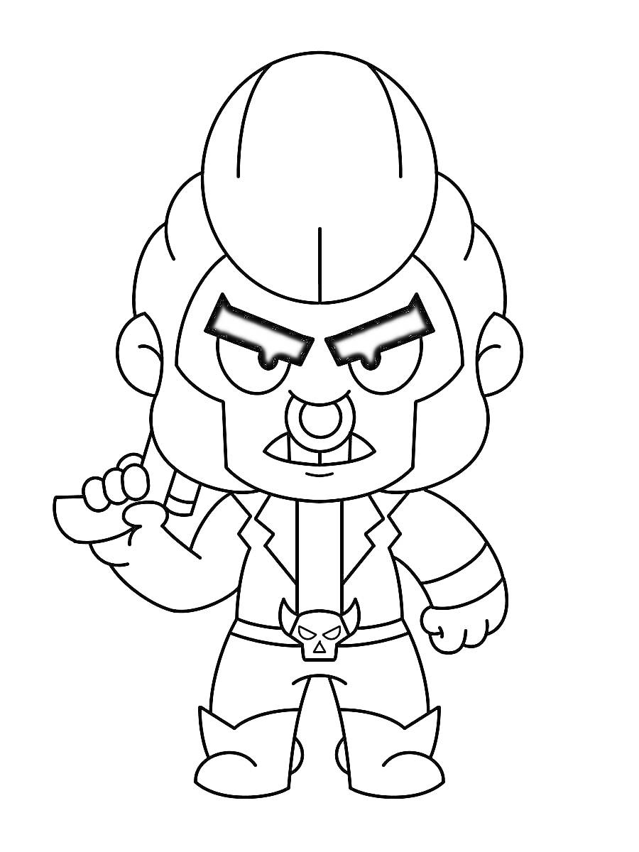 Раскраска Brawl Stars персонаж Булл, стоящий в боевой позе с поднятым кулаком