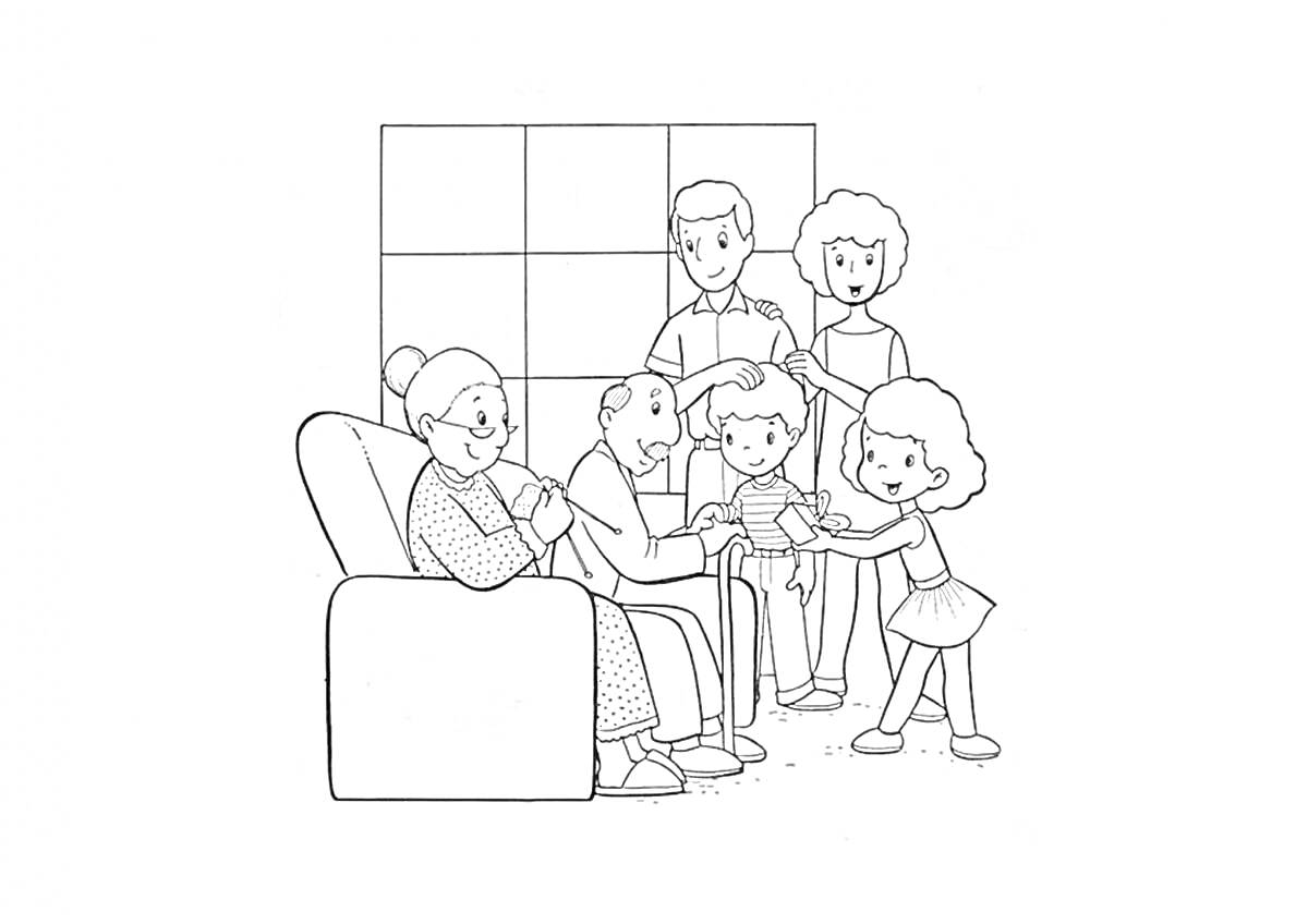 На раскраске изображено: Семья, Бабушка, Мама, Стол, Гостиная, Интерьер, Общение