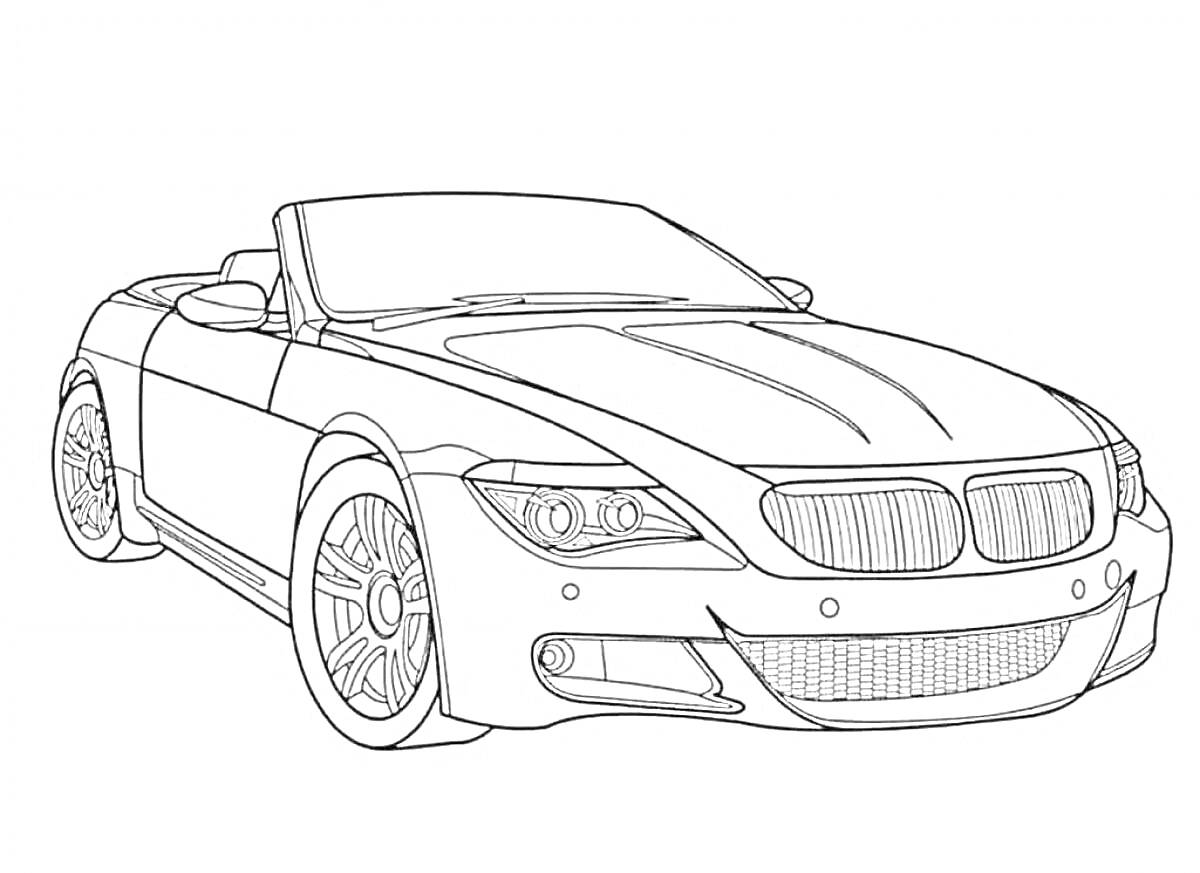 На раскраске изображено: M4, Кабриолет, Транспорт, Колёса, Фары, Капот, Бмв