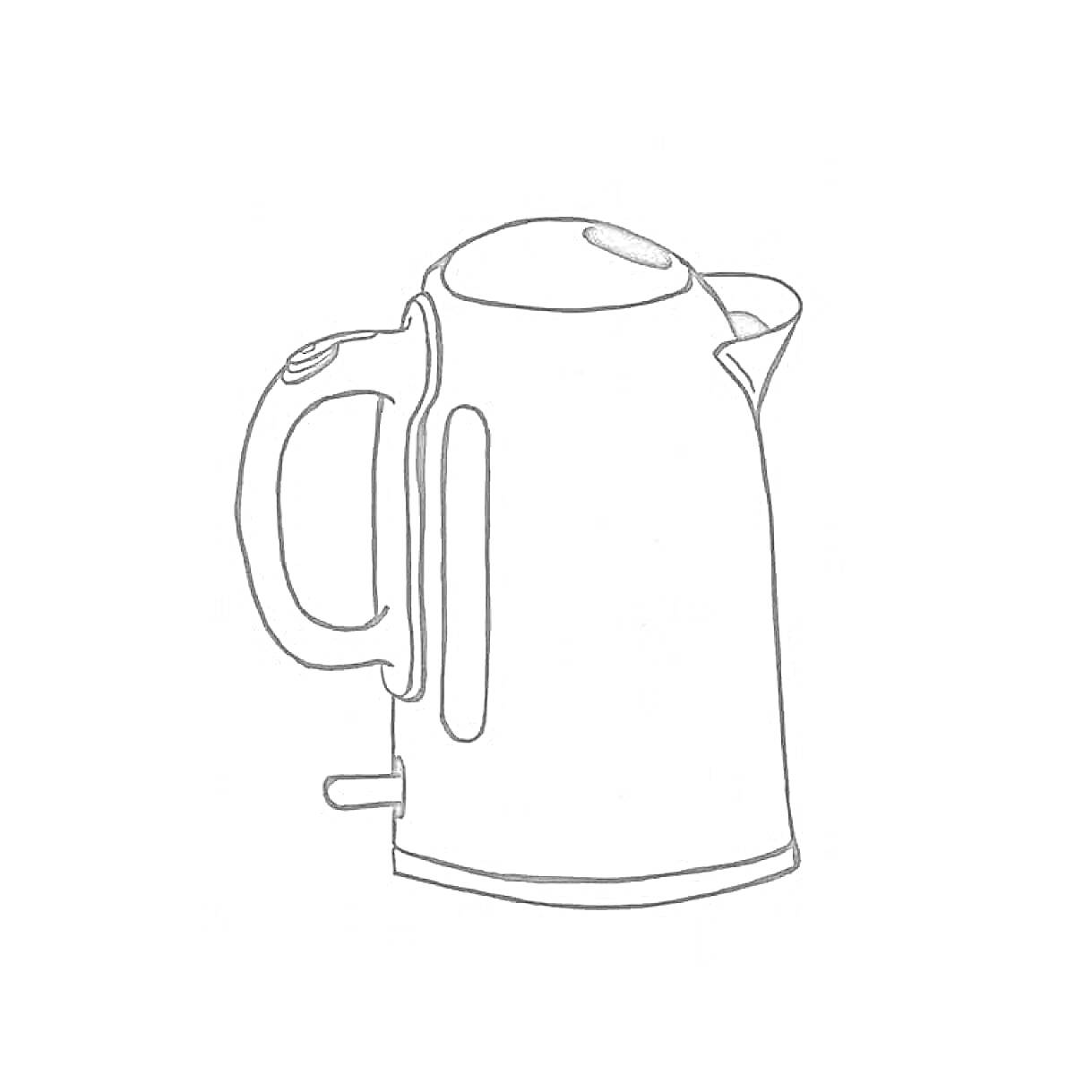 На раскраске изображено: Электрический чайник, Ручка, Индикатор уровня воды, Кухонная техника, Бытовая техника