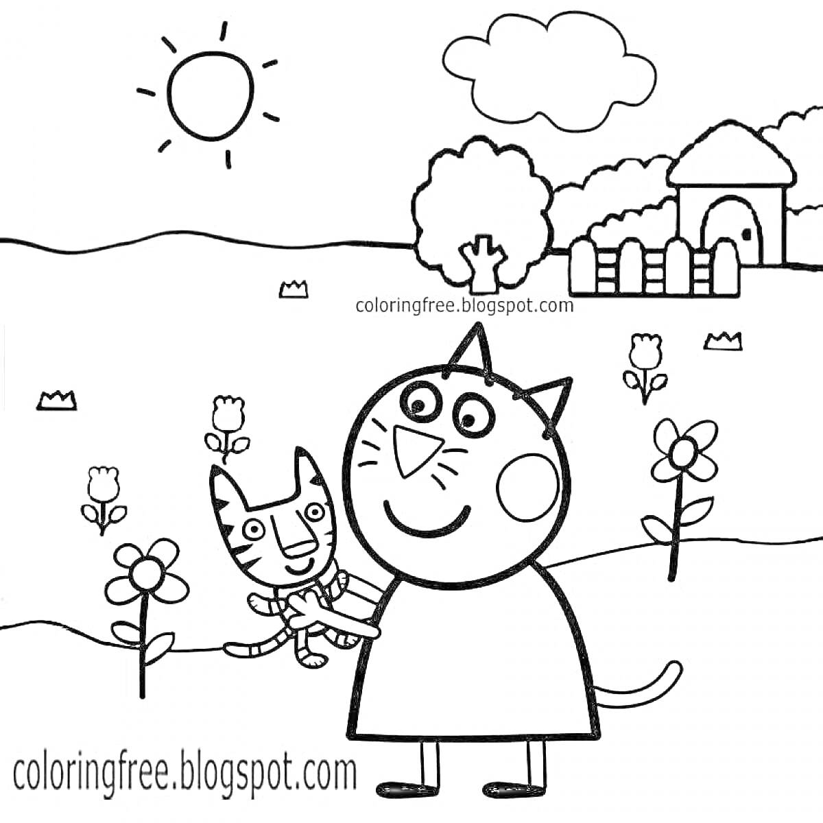 Раскраска Кошка с котенком на цветущем лугу с домиком, забором и солнцем