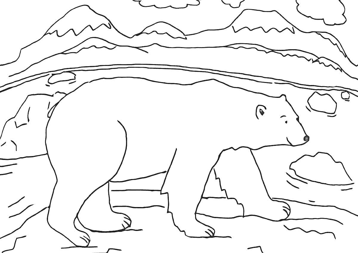 На раскраске изображено: Север, Горы, Облака, Подготовительная группа, Животные, Природа, Полярные медведи