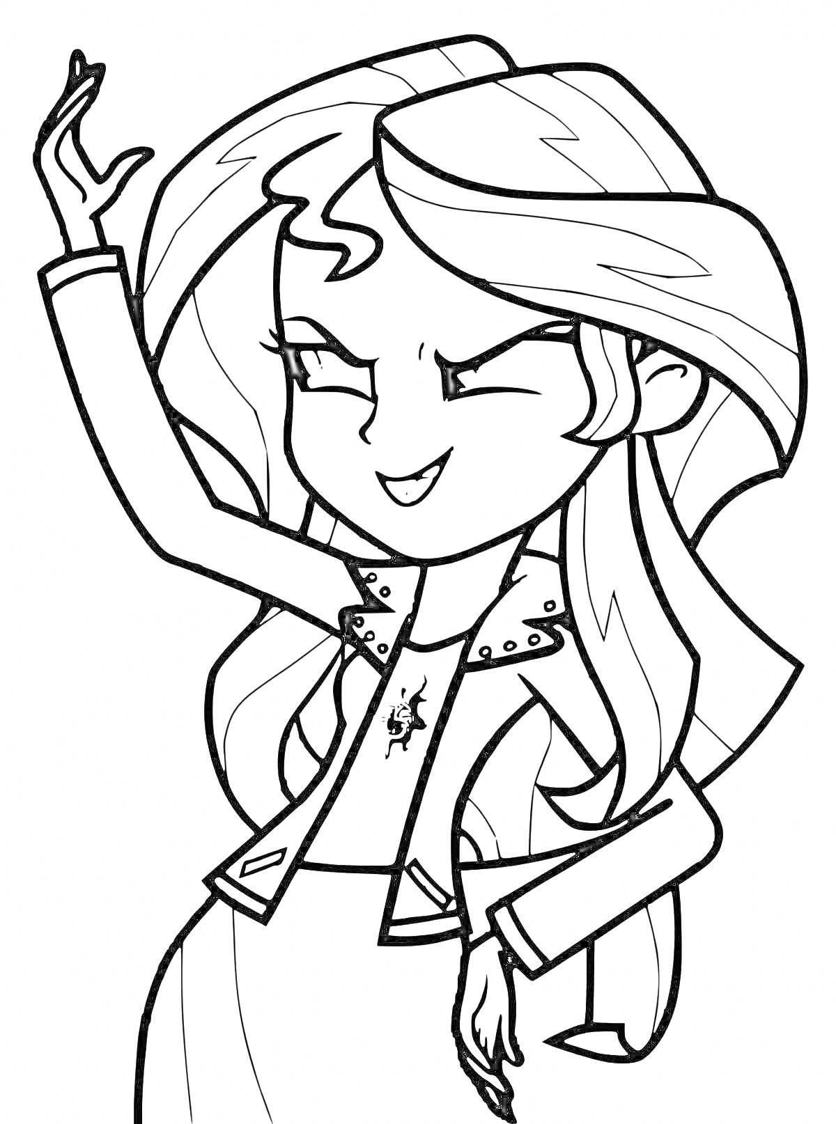 Раскраска Девушка с длинными волосами в куртке с поднятой рукой
