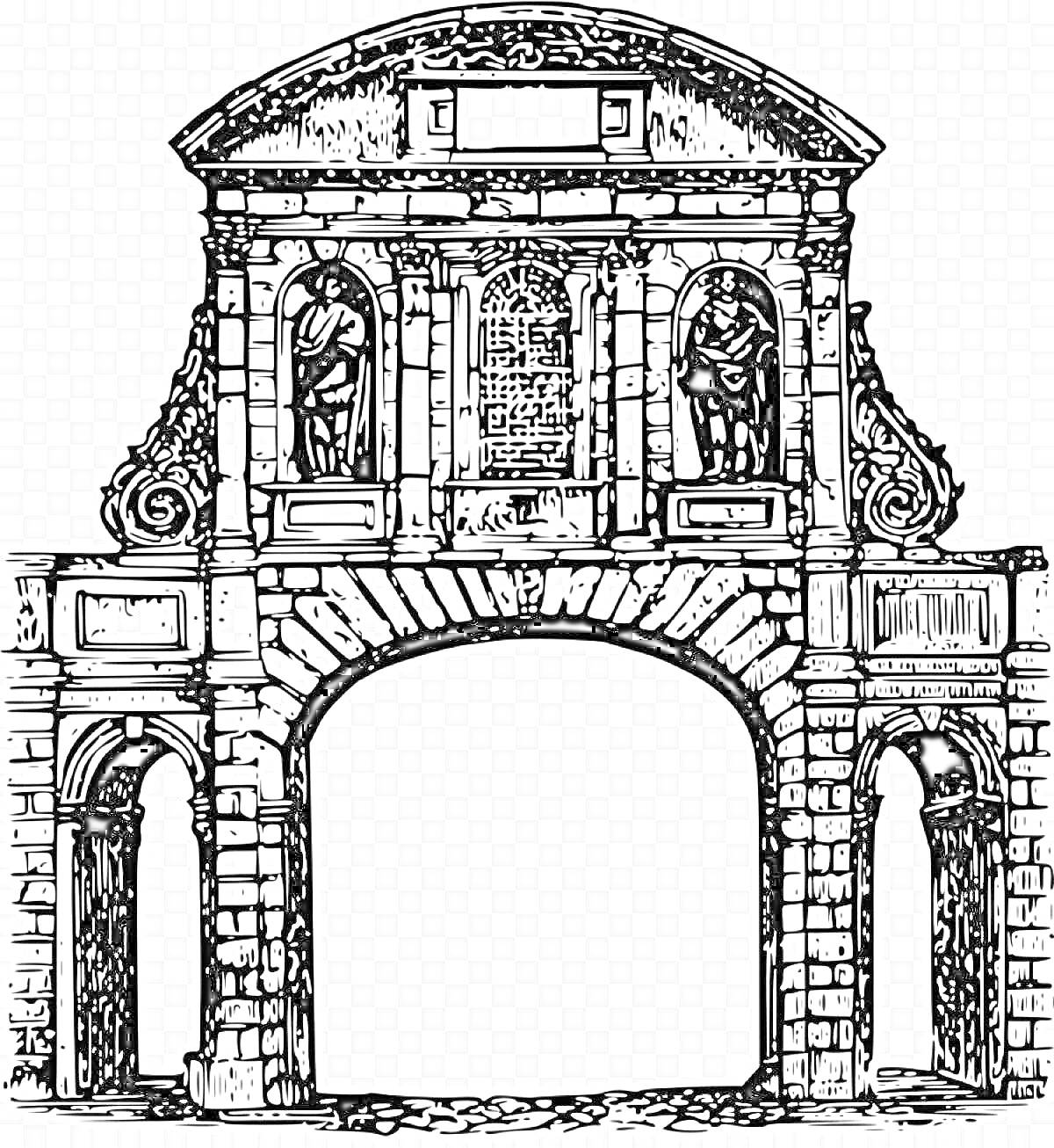 Раскраска Арка в старинном стиле с фигурами в нишах и декоративными элементами