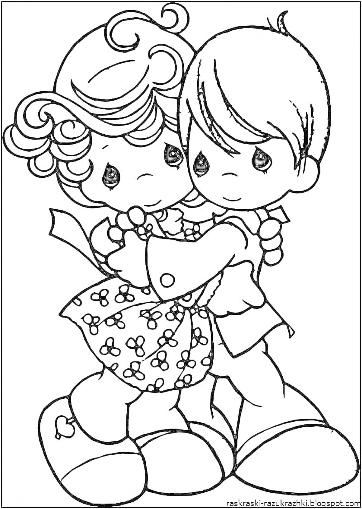 Раскраска Девочка с кудрями и бантом в платье с цветочным узором и мальчик обнимаются