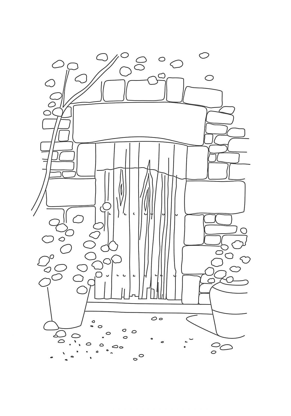 На раскраске изображено: Каменная стена, Дверь, Древесина, Растение в горшке, Сад, Камни, Природа