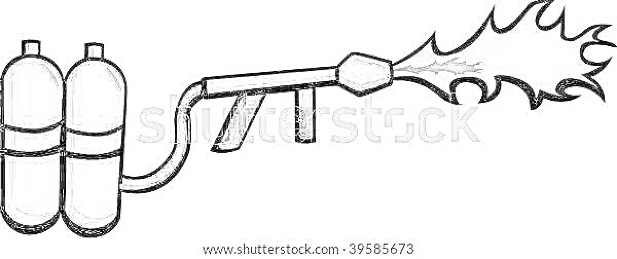 Раскраска Огнемет с двойным баллоном, газовым шлангом и струей огня