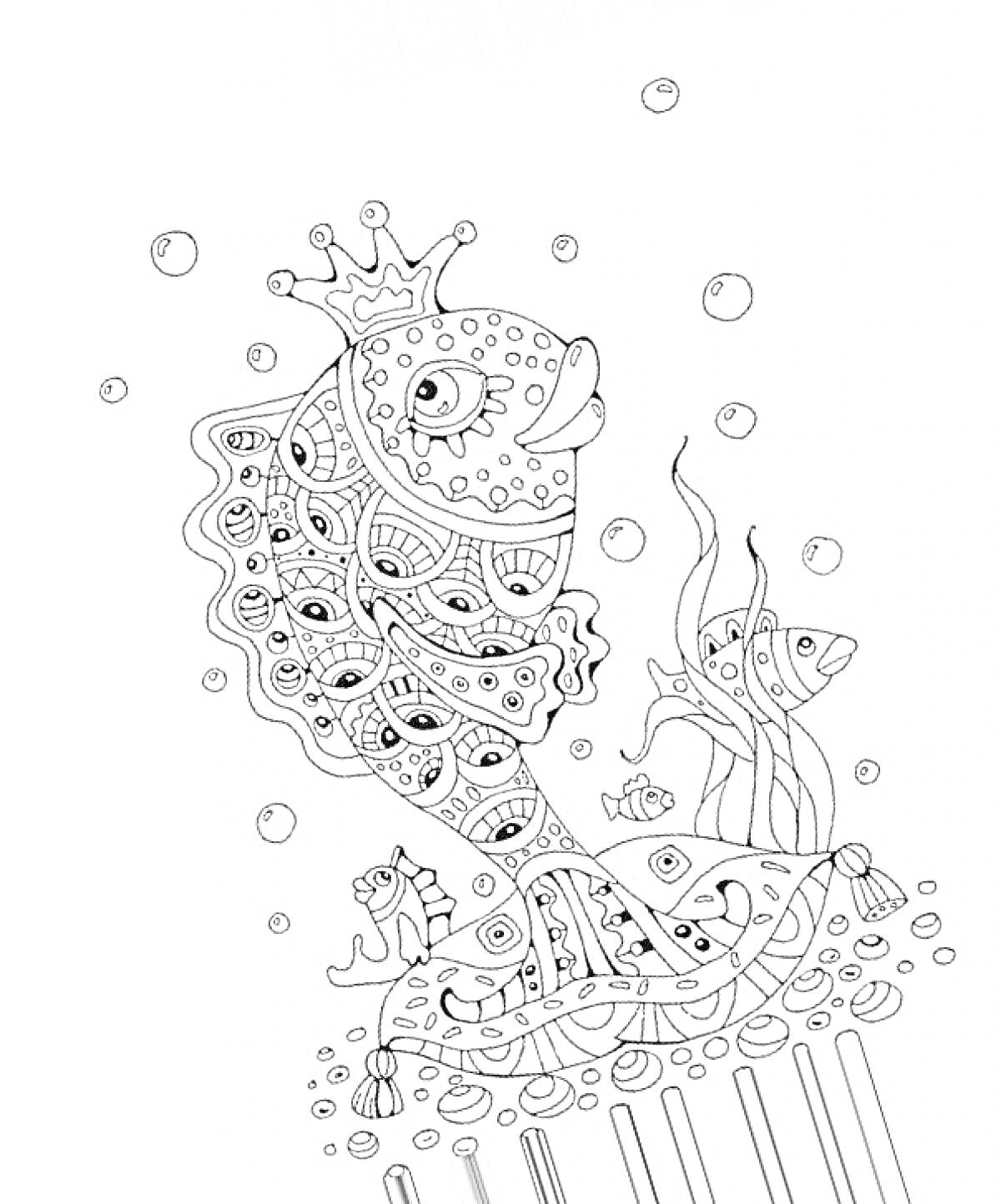На раскраске изображено: Золотая рыбка, Корона, Водоросли, Пузыри