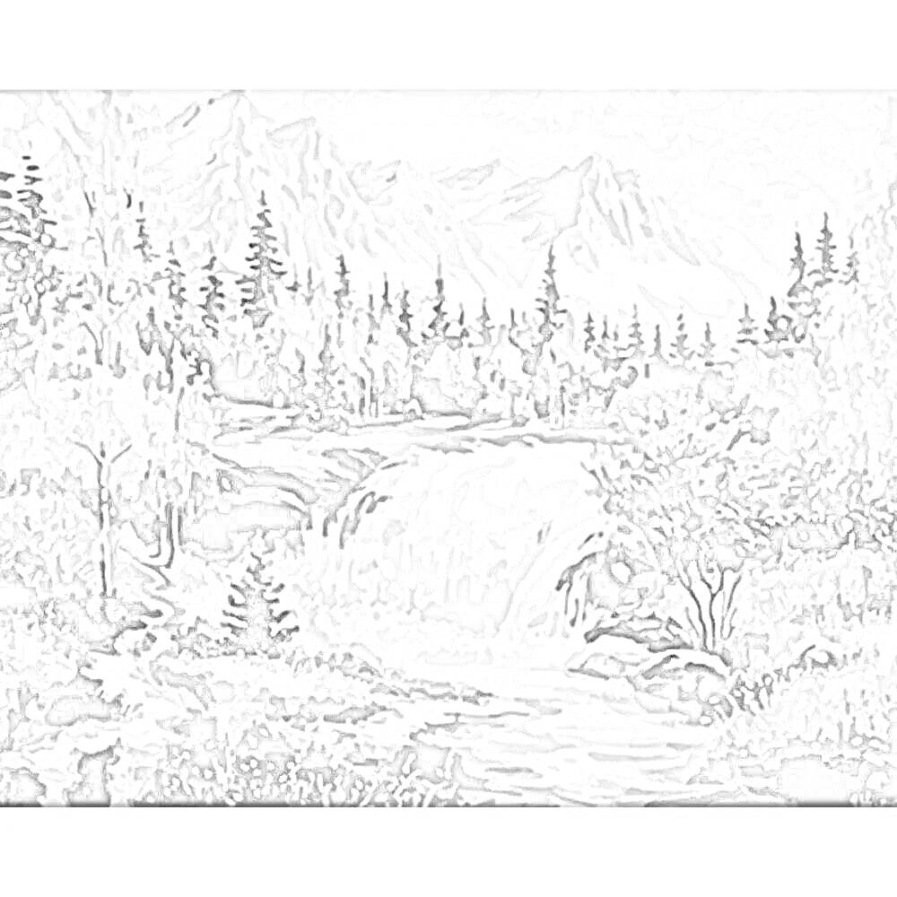 Раскраска Горный пейзаж с лесом и водопадом