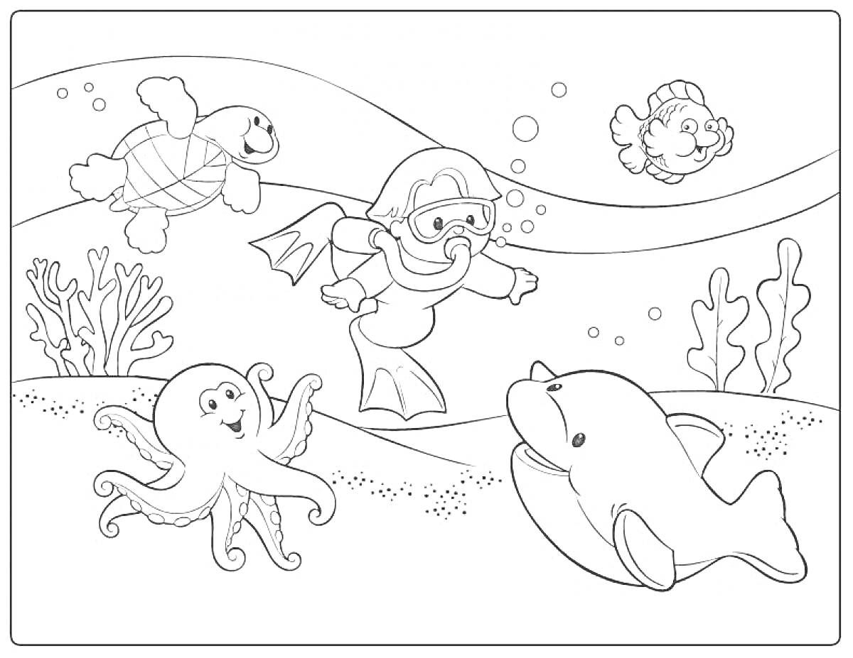 На раскраске изображено: Лето, Подводный мир, Аквалангист, Черепаха, Кораллы, Подводное плавание