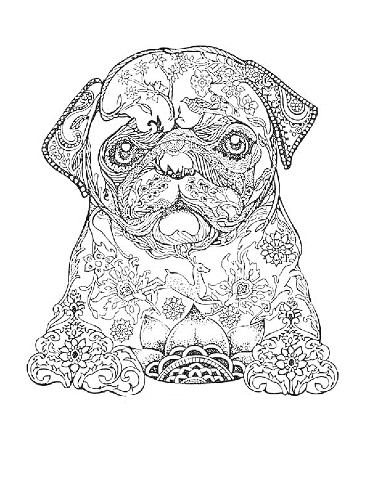 Раскраска Антистресс раскраска собака с узорами и цветами