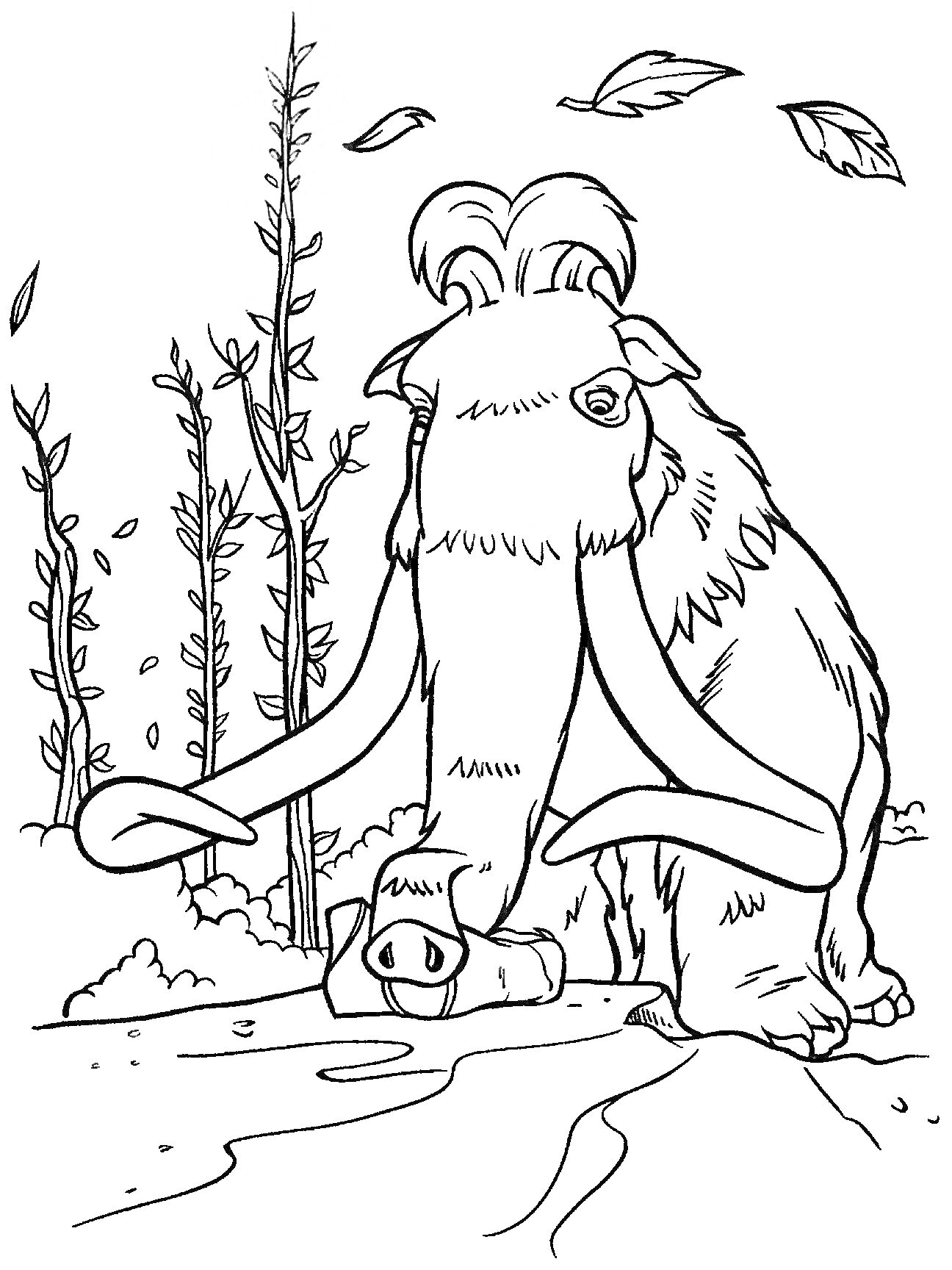 На раскраске изображено: Мамонт, Деревья, Листья, Ледниковый период, Природа