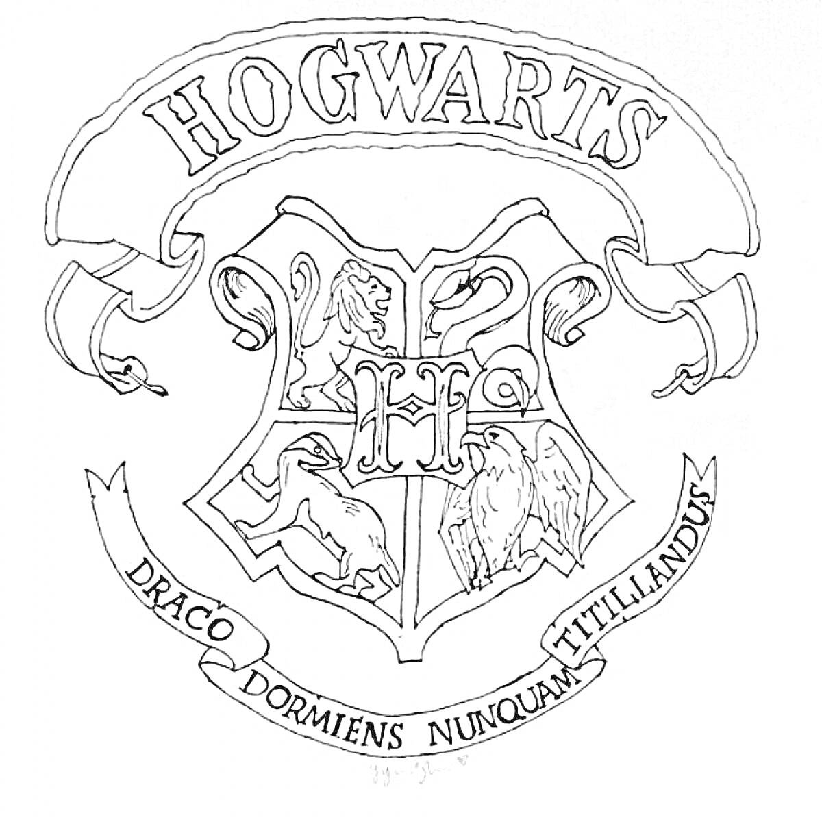 На раскраске изображено: Хогвартс, Магия, Чародейство, Гарри Поттер, Лев, Барсук, Орел, Школа волшебства, Девиз
