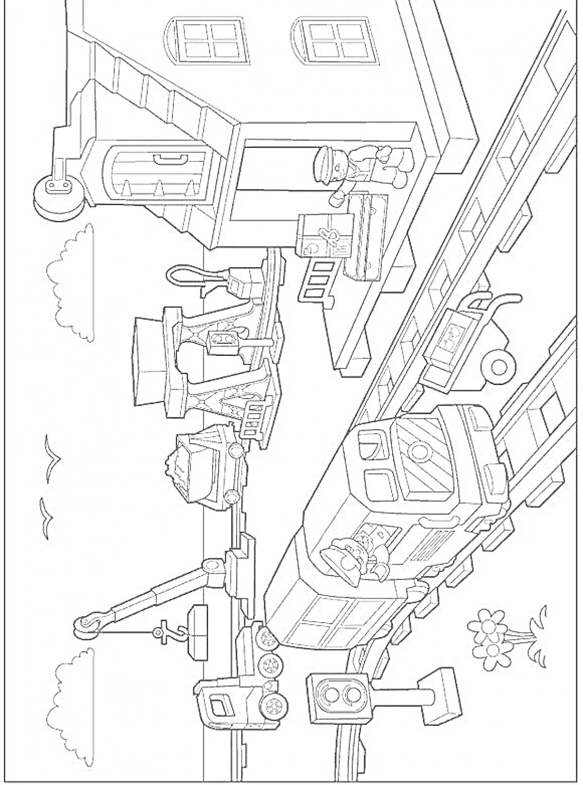 Раскраска Лего поезд возле станции с железнодорожным работником, строением станции, вагоном поезда, семафорами, цветами и летящей птицей