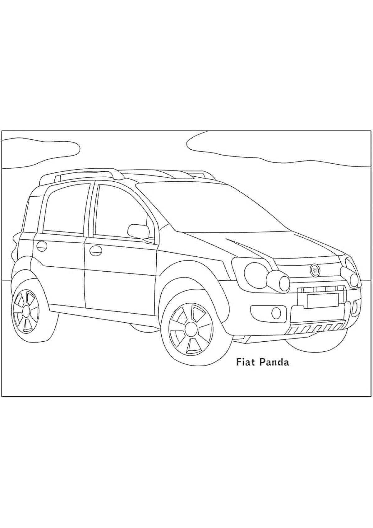 Раскраска Автомобиль Fiat Panda на фоне неба и облаков