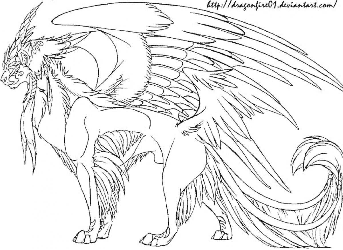 Раскраска Фантастический крылатый зверь с длинным пушистым хвостом, гребнем и рогами