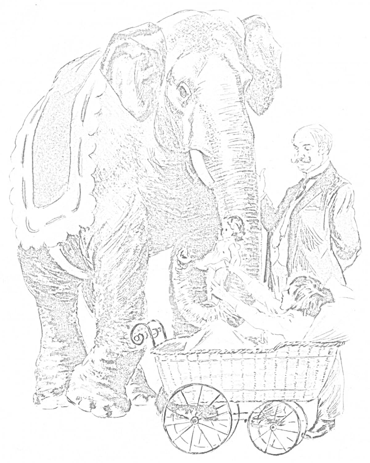 На раскраске изображено: Слон, Мужчина, Ребенок, Коляска, Иллюстрация