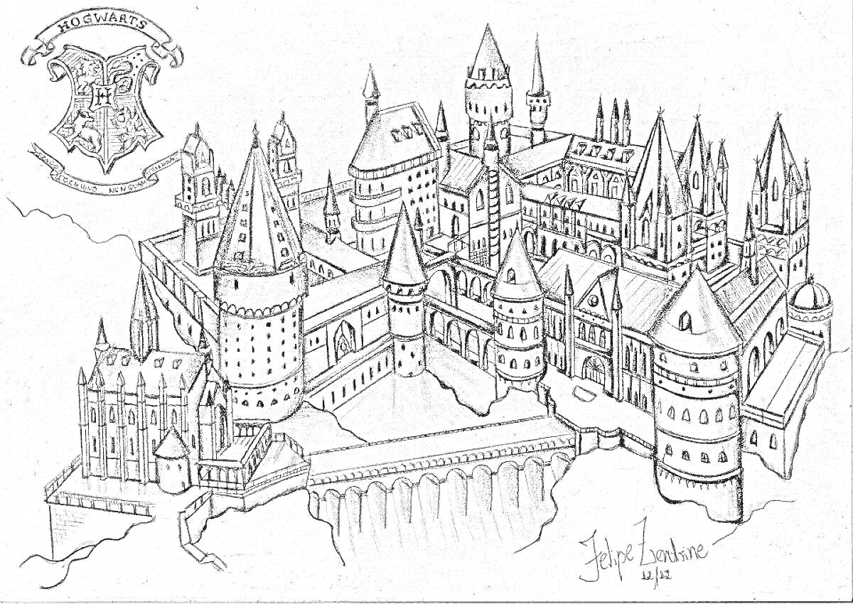Раскраска Изображение замка Хогвартс с гербом на левом верхнем углу