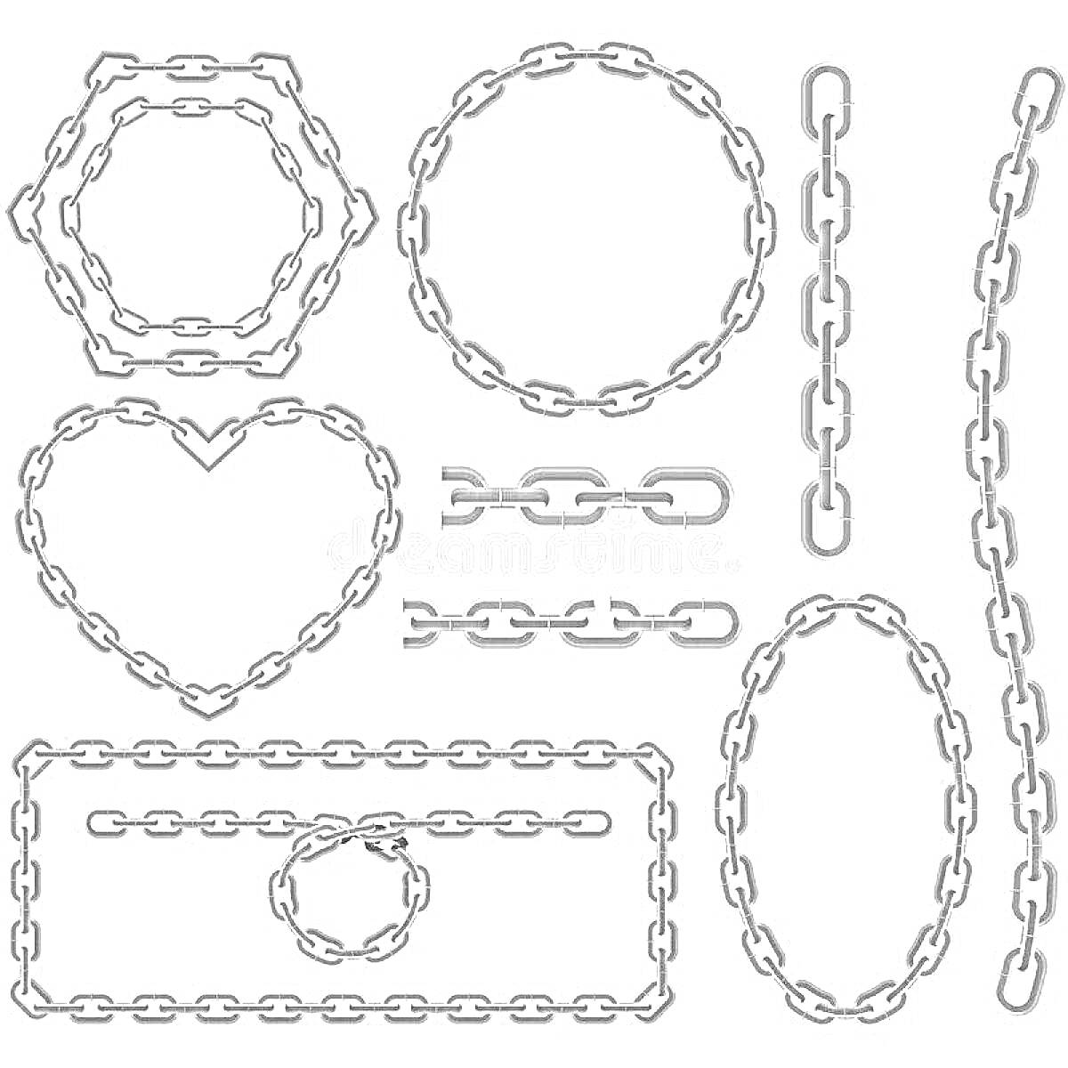 Раскраска Разные формы цепей: шестиугольник, круг, линия, сердце, перемычки, прямоугольник