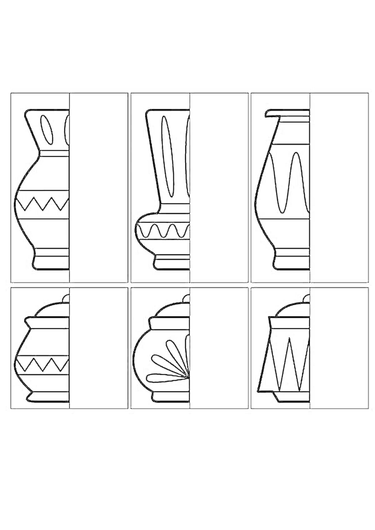 Раскраска Декоративные вазы (поиск совпадений по половинам)