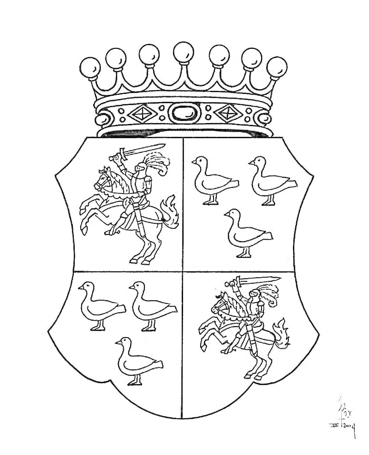 Раскраска Герб с короной, всадниками и птицами