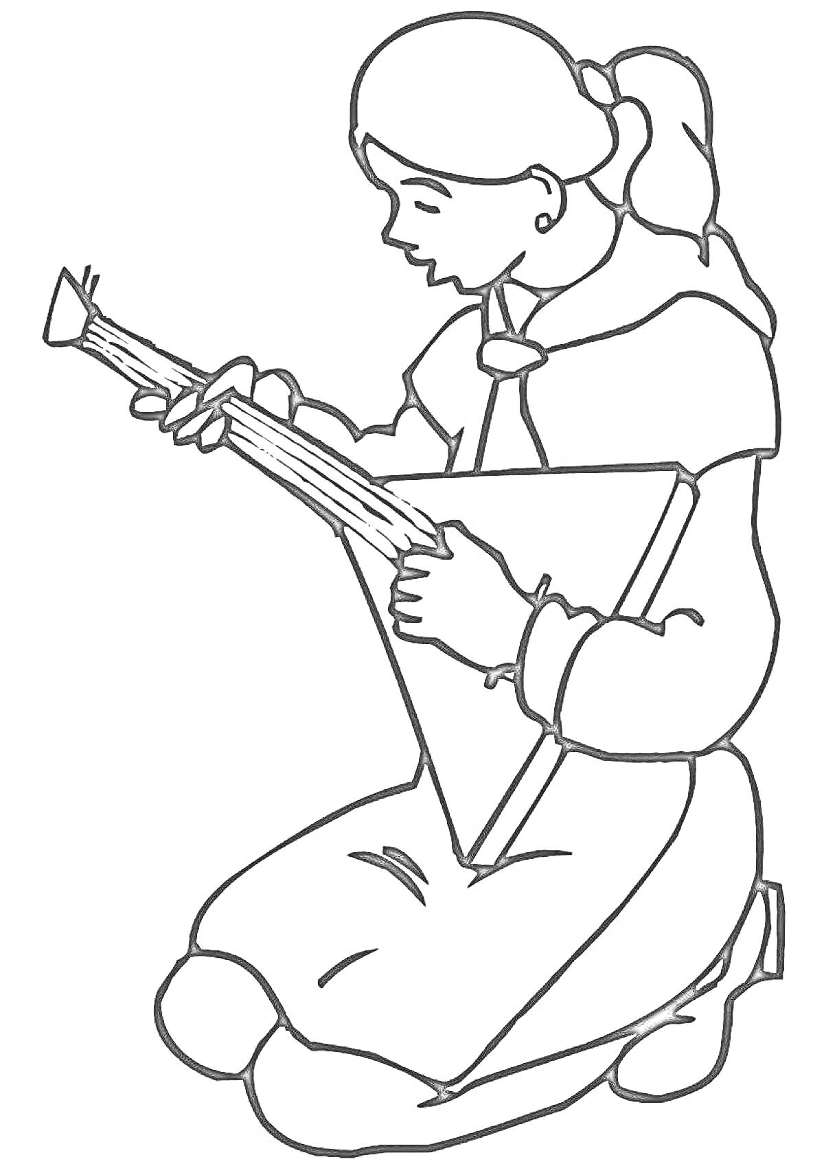 На раскраске изображено: Девочка, Балалайка, Музыкальный инструмент