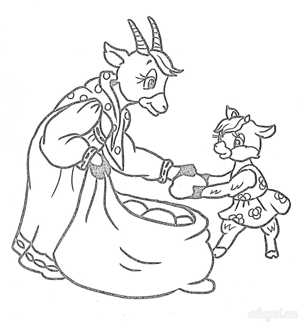 На раскраске изображено: Волк и семеро козлят, Мама-коза, Для детей 3-4 лет, Сказочные персонажи