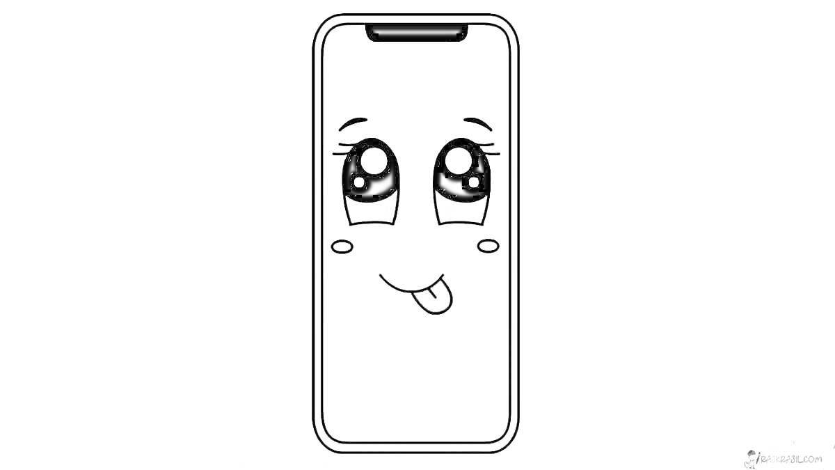 айфон 14 с мультяшным лицом, два больших глаза с блестками, улыбающийся рот с языком, розовые щёки