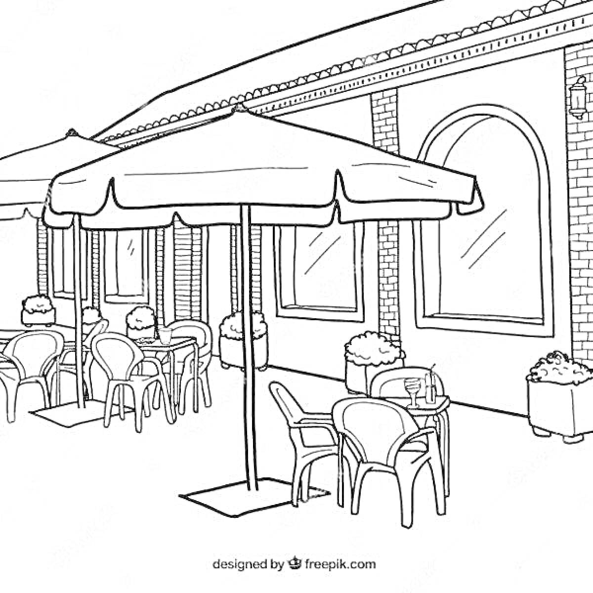 На раскраске изображено: Кафе, Уличное кафе, Окна, Кирпичная стена, Цветок в горшке