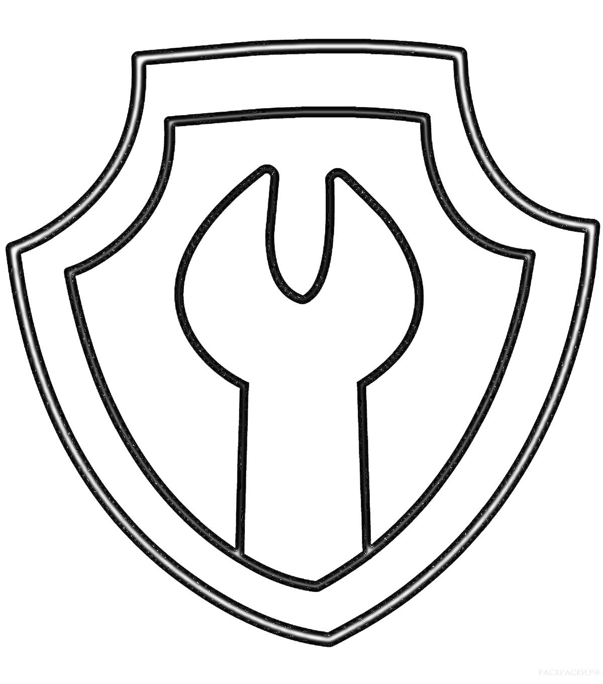 На раскраске изображено: Значок, Гаечный ключ, Щит, Инструмент, Ремонт, Защита