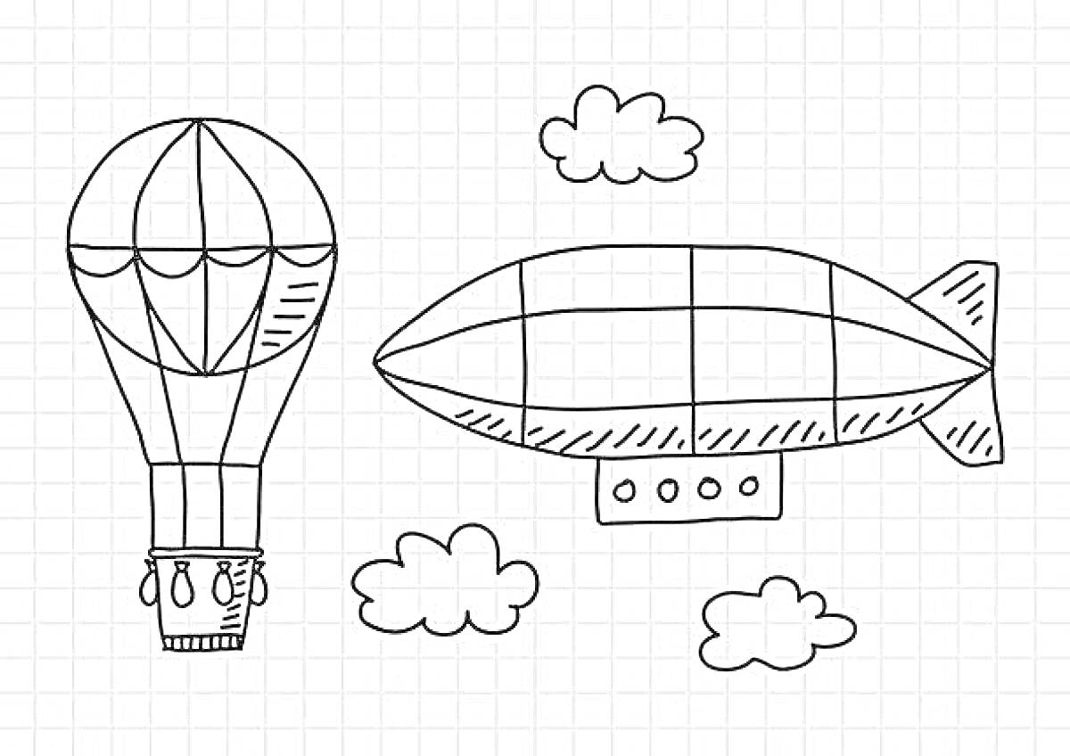 На раскраске изображено: Дирижабль, Облака, Транспорт, Небо, Графика
