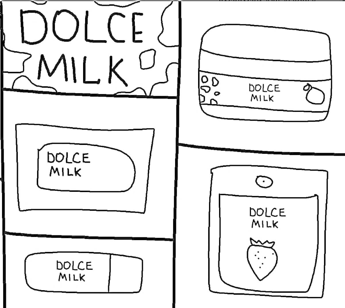 Dolce Milk - упаковки молочных продуктов (бутылка, банка с крышкой, овальный контейнер, прямоугольная упаковка, пакет с изображением клубники)