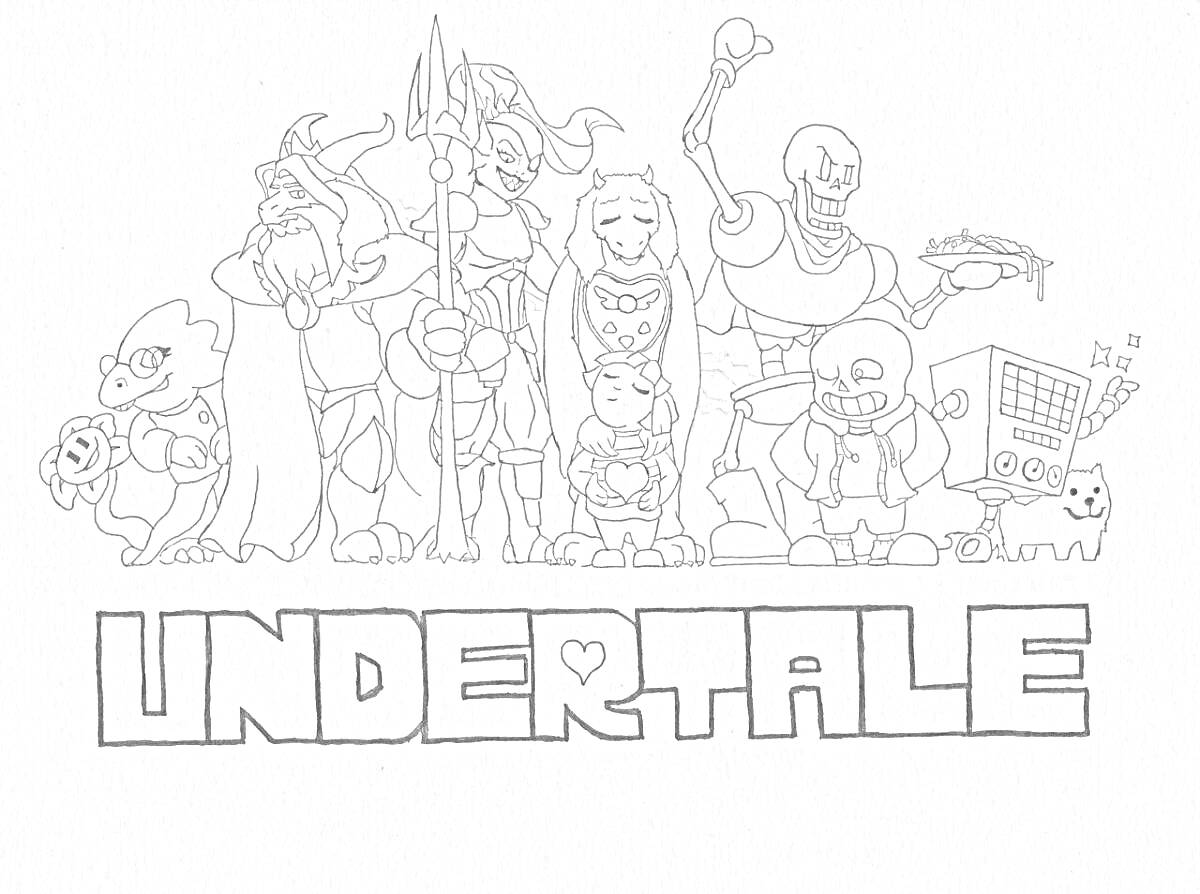 Персонажи игры Undertale: Торель, Альфис, Андайн, Азгор, Флауи, Фриск, Папайрус, Санс, Меттатон, Напстаблук. Надпись 